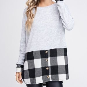 Super soft gray sweater with plaid bottom and cuff